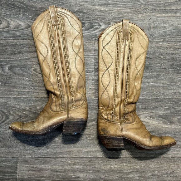 Vintage Dan Post Size 6 C Cowboy Knee Boots Made in Spain Tan Braided 4115 - Picture 2 of 16